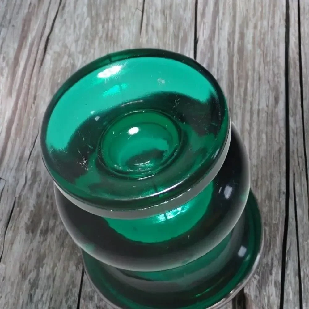 Vintage L E SMITH Green Glass Toothpick Holder Handles Thick Cauldron Silver Rim